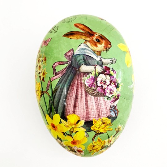 6" Green Pretty Mrs. Bunny Papier Mache Easter Egg Container ~ Germany